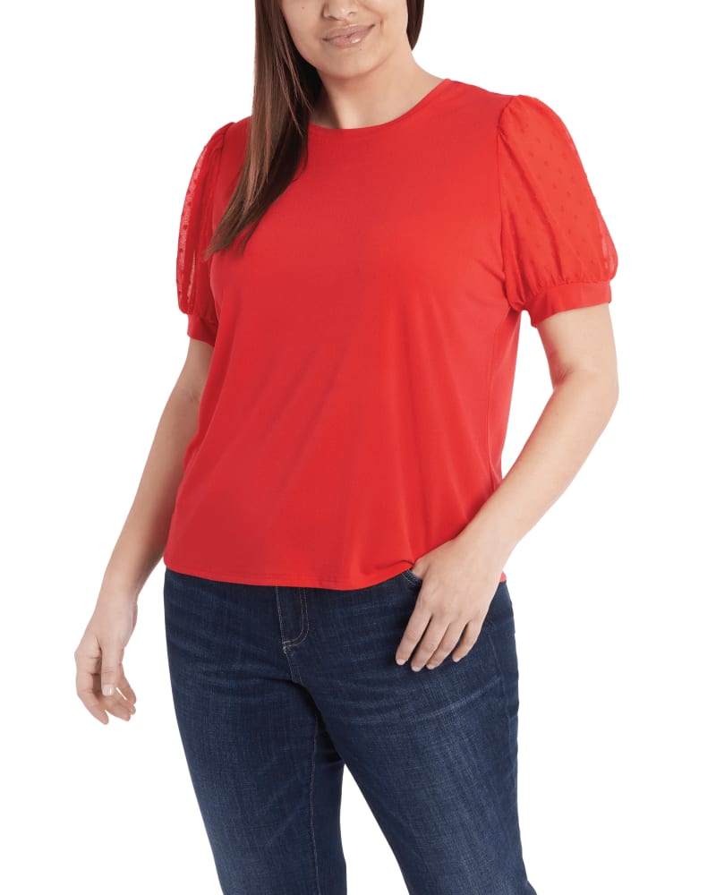 Front of a model wearing a size 1X Candice Puff-Sleeve Top in 638-FIREBALL by CeCe. | dia_product_style_image_id:263332